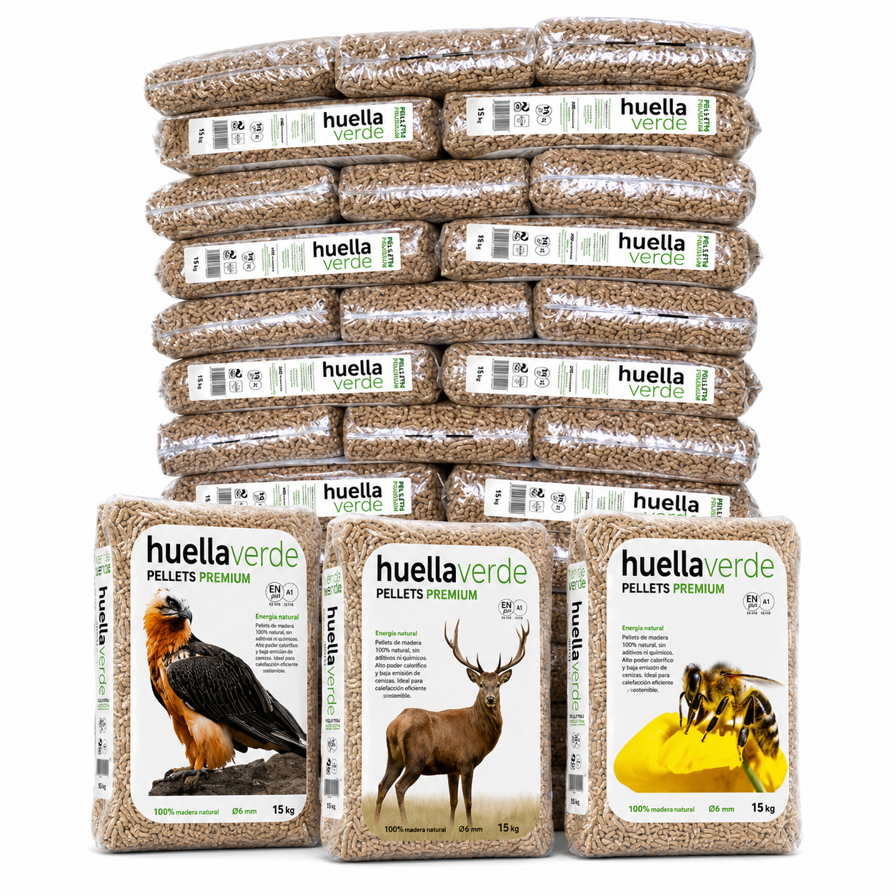Palete de pellets Huella Verde em Sacos de 15 kg para aquecimento