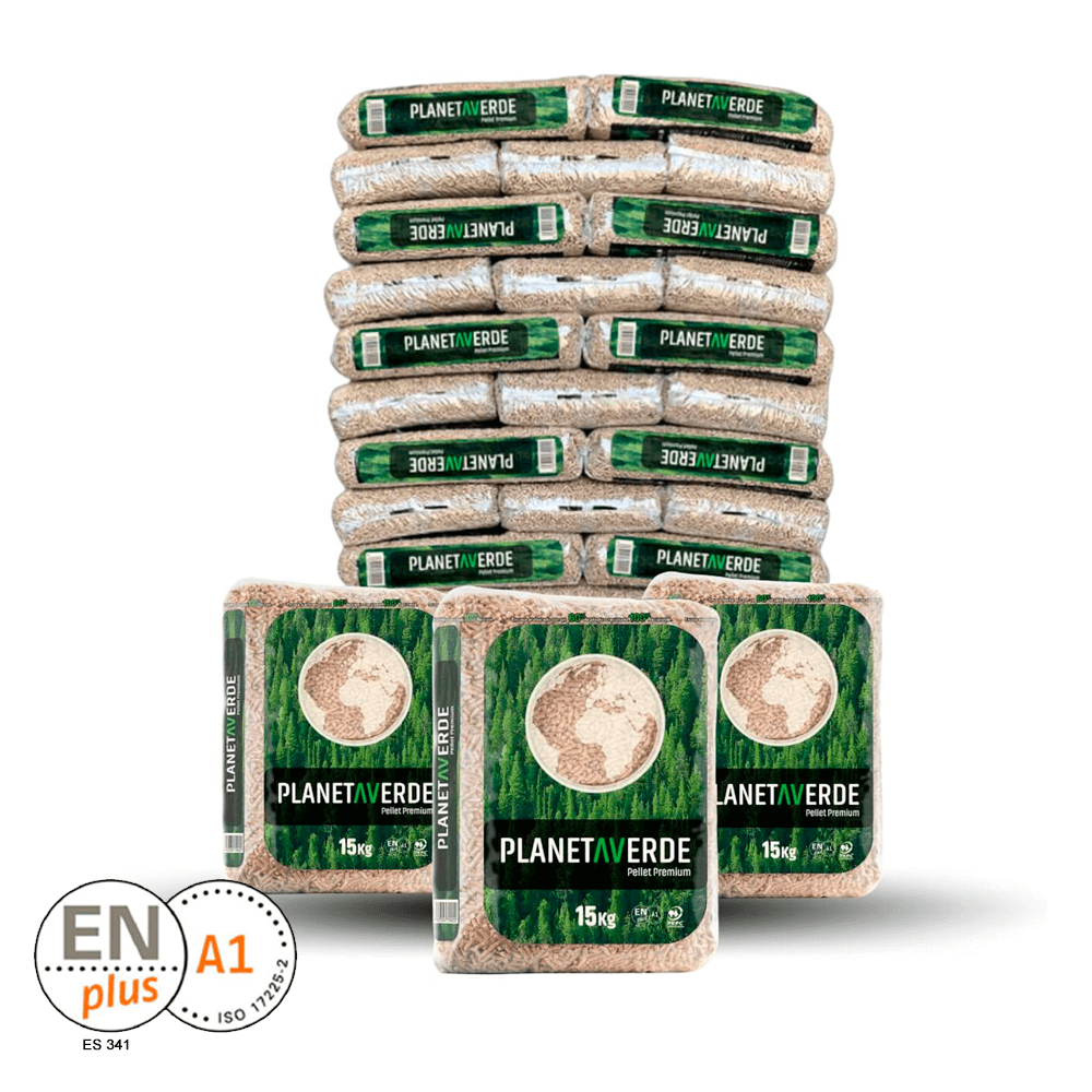 Palete de pellets PLANETA VERDE DIN ENplus A1 em Sacos de 15 kg para aquecimento